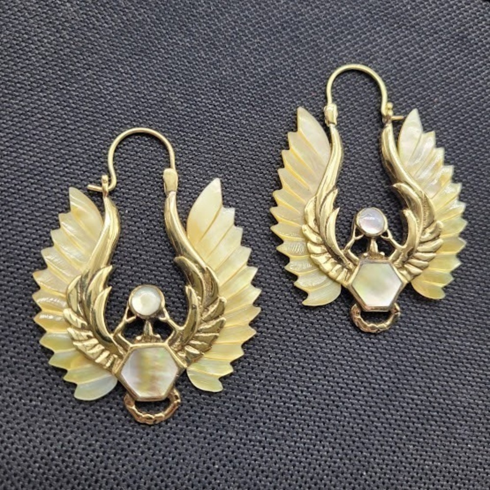 NEW Mother o Pearl Angel Wing Earrings Gold Plate Brass Handmade Scarab Festival